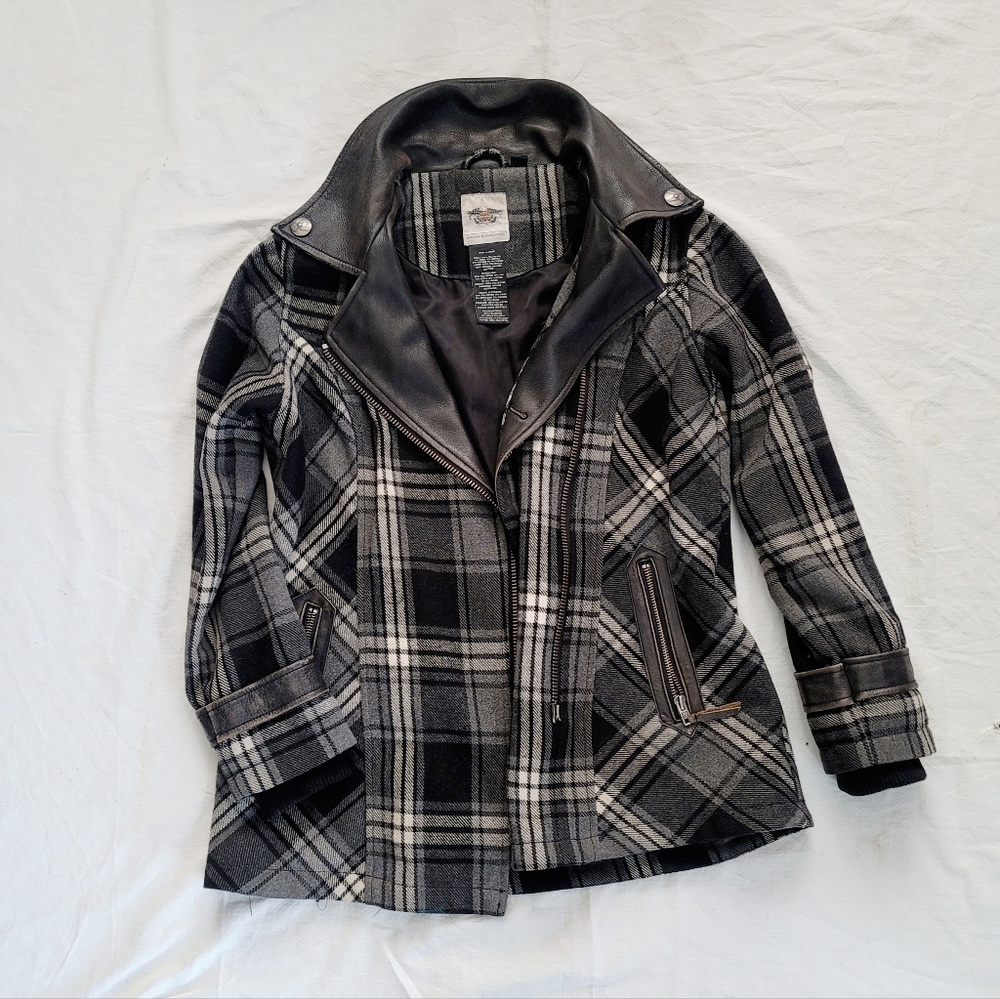 Harley-Davidson Black White Grey Flannel & Leather Women's Coat Size L